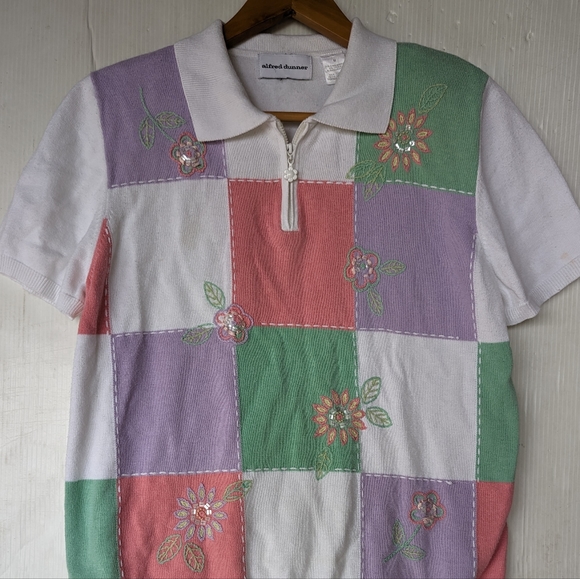 VINTAGE 90s Y2K Alfred Dunner patchwork plaid embroidered polo knit sweater - Picture 3 of 9